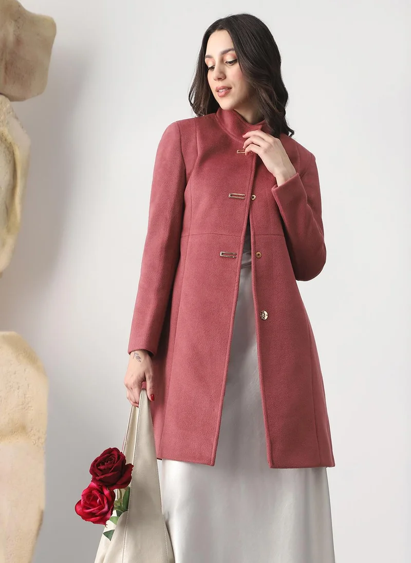 جلو باص Globus Women Pink Mock Neck Long Sleeves Self Design Winter Wear Overcoat